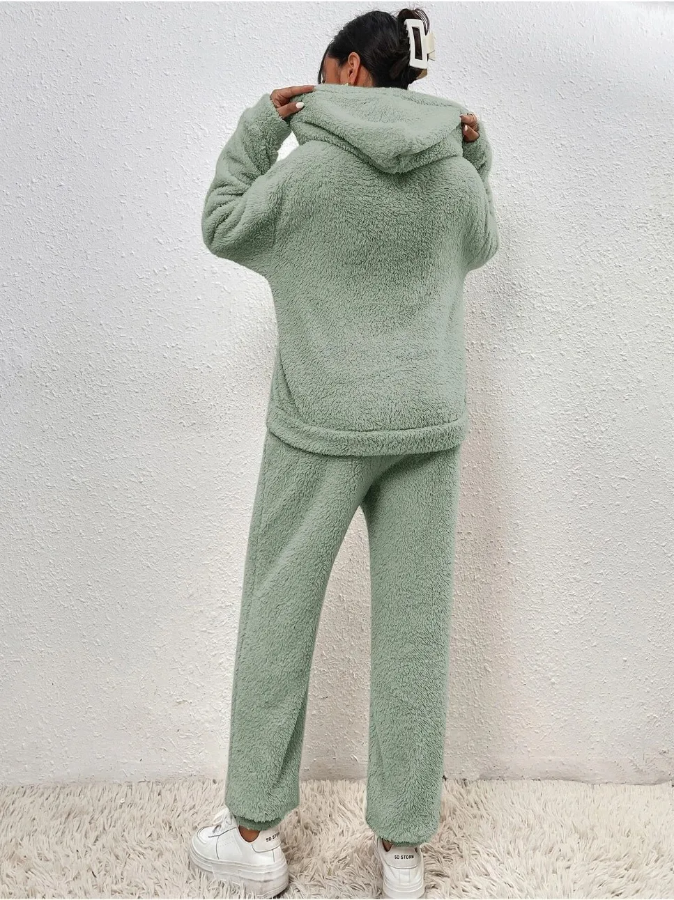 Autumn Winter Fashion Women Casual Hooded Sweatshirt Leg Pants 2 Piece Set Warm Furry Plush Trousers Suit Female Outfit