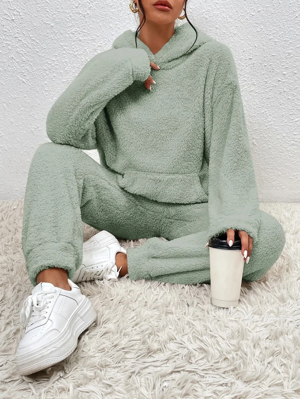 Autumn Winter Fashion Women Casual Hooded Sweatshirt Leg Pants 2 Piece Set Warm Furry Plush Trousers Suit Female Outfit