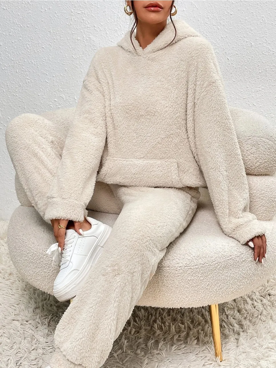 Autumn Winter Fashion Women Casual Hooded Sweatshirt Leg Pants 2 Piece Set Warm Furry Plush Trousers Suit Female Outfit