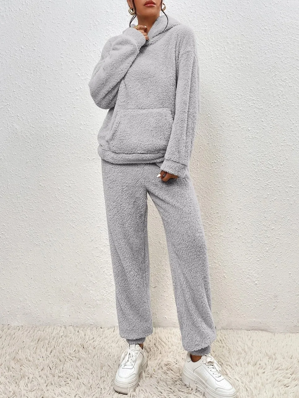 Autumn Winter Fashion Women Casual Hooded Sweatshirt Leg Pants 2 Piece Set Warm Furry Plush Trousers Suit Female Outfit