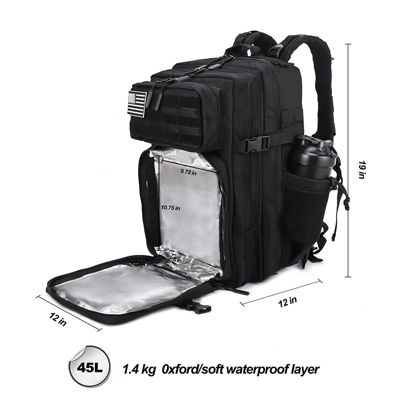 LHI 45L Meal Management Backpack Tactical Lunch Athletes Gym Bag Adults Insulated Fitness Sports Rucksack With Bottle Holder