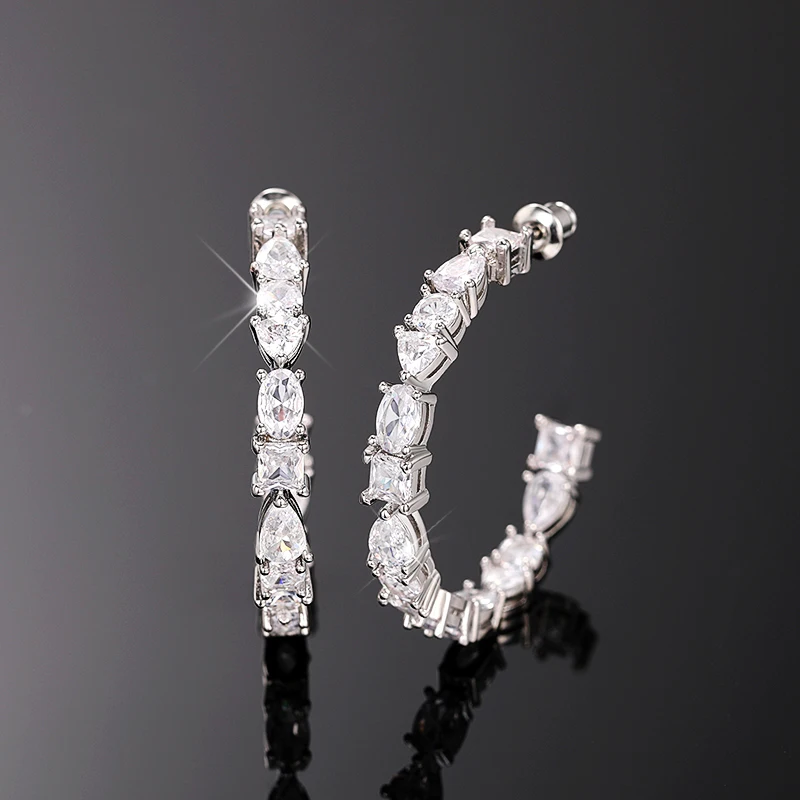 Huitan Luxury Paved Cubic Zirconia Big Circle Hoop Earrings for Women Silver Plated Modern Fashion Lady's Accessories OL Jewelry