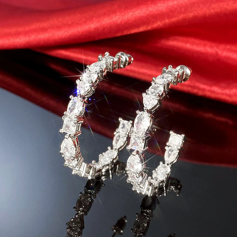 Huitan Luxury Paved Cubic Zirconia Big Circle Hoop Earrings for Women Silver Plated Modern Fashion Lady's Accessories OL Jewelry