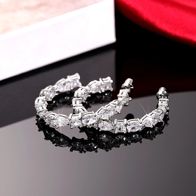 Huitan Luxury Paved Cubic Zirconia Big Circle Hoop Earrings for Women Silver Plated Modern Fashion Lady's Accessories OL Jewelry