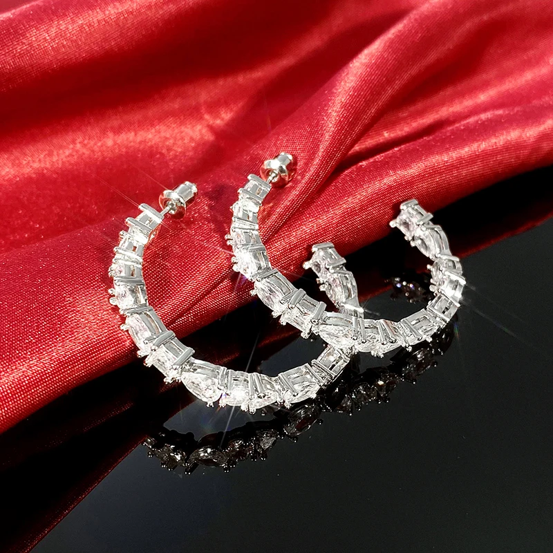 Huitan Luxury Paved Cubic Zirconia Big Circle Hoop Earrings for Women Silver Plated Modern Fashion Lady's Accessories OL Jewelry