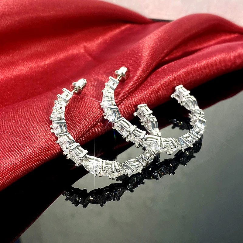 Huitan Luxury Paved Cubic Zirconia Big Circle Hoop Earrings for Women Silver Plated Modern Fashion Lady's Accessories OL Jewelry