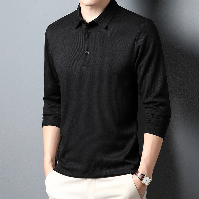 New Men's Business Fashion Casual Long Sleeved Shirt Solid Color Polo Shirt Fashionable Breathable Comfortable Versatile Top