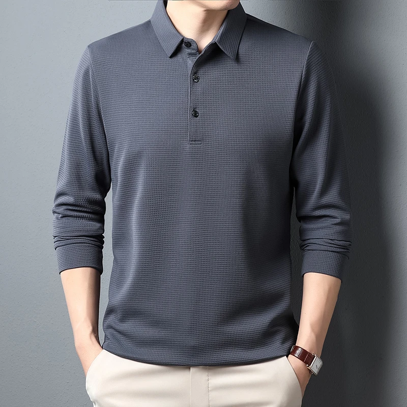 New Men's Business Fashion Casual Long Sleeved Shirt Solid Color Polo Shirt Fashionable Breathable Comfortable Versatile Top