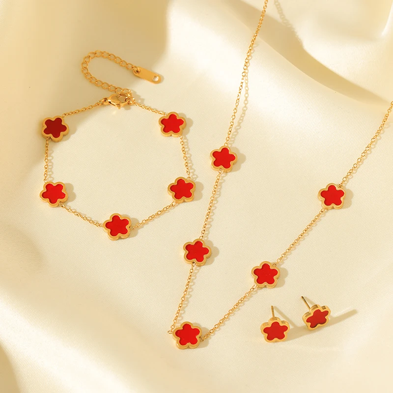 GANEMLY Stainless Steel Pink Plant Flower Necklace Earrings Bracelet With Five Leaf Petals Women's Luxury Gifts Clover Jewelry