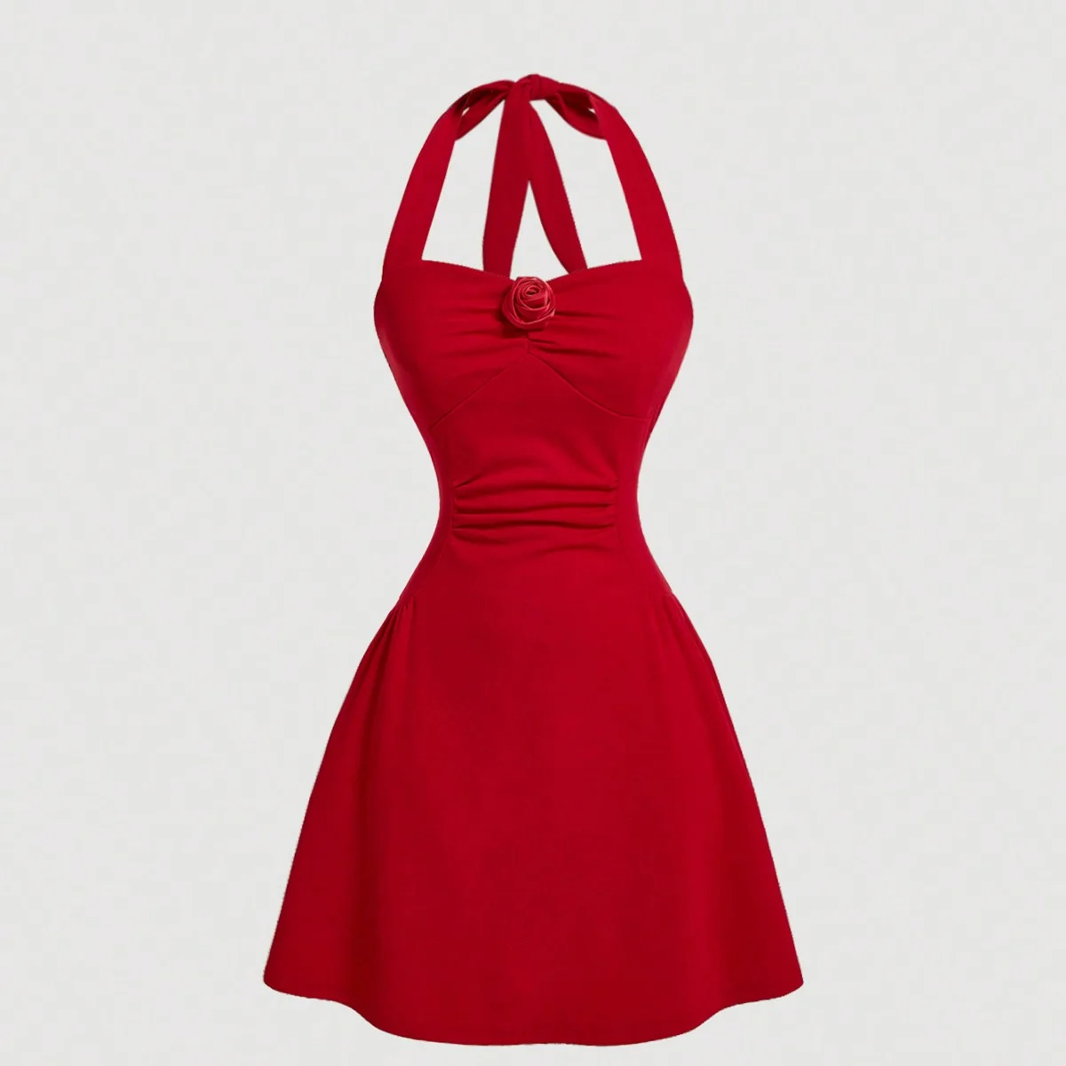 Red Rose Pure Desire Wind Waist Sleeveless Bow Hanging Neck Strap Naked Back Sexy Slimming and Slimming Solid Color Dress