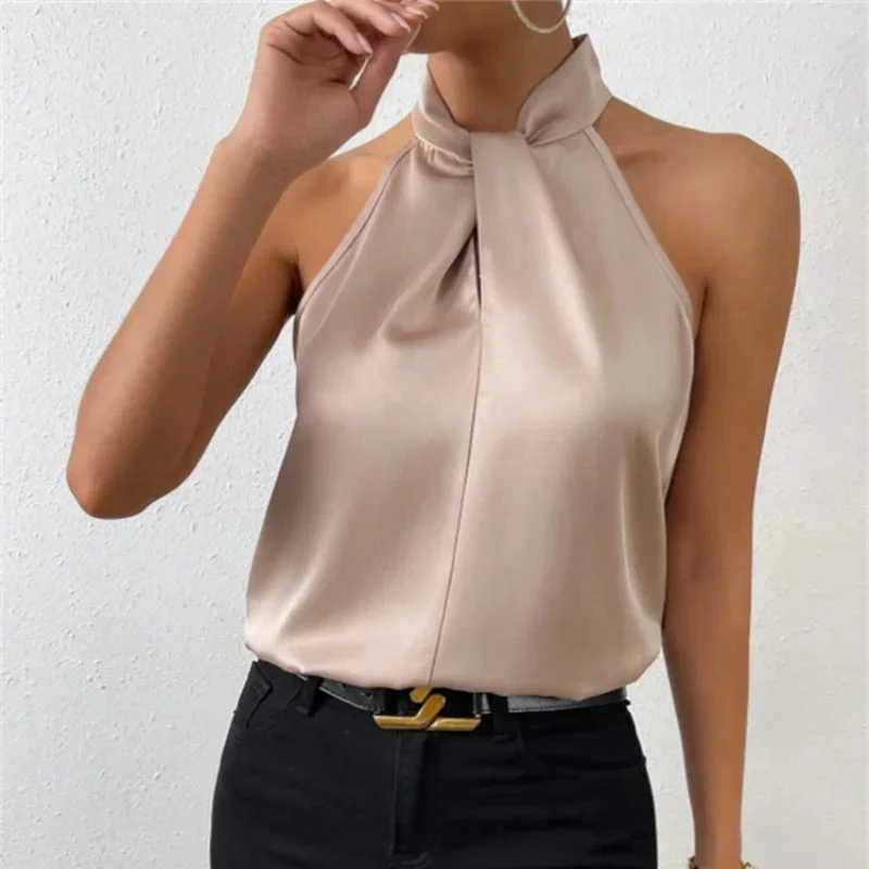 Women Summer Style Blouses Shirts Lady Casual Sleeveless Stand Collar Elegant Blouse Tops