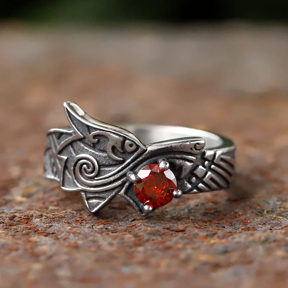 2024 new Stainless Steel Viking Dragon Ring with Red zircon Men's Fashion Vintage Animal Dragon Ring Viking Jewelry Gift