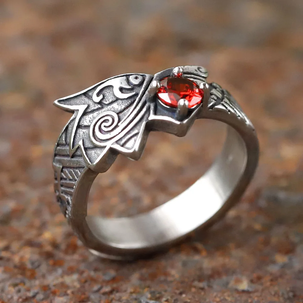 2024 new Stainless Steel Viking Dragon Ring with Red zircon Men's Fashion Vintage Animal Dragon Ring Viking Jewelry Gift