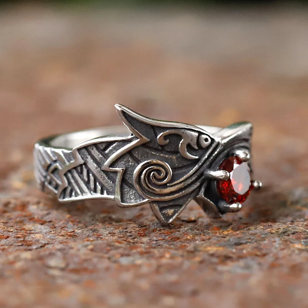 2024 new Stainless Steel Viking Dragon Ring with Red zircon Men's Fashion Vintage Animal Dragon Ring Viking Jewelry Gift
