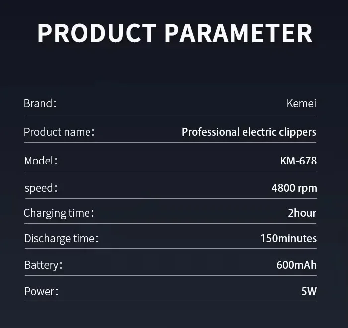 Kemei KM-2628 KM-678 KM-2024 Professional Electric Hair Clippers Beard Clipper Rechargeable Men's Shaver Hair Trimmer Kit Men