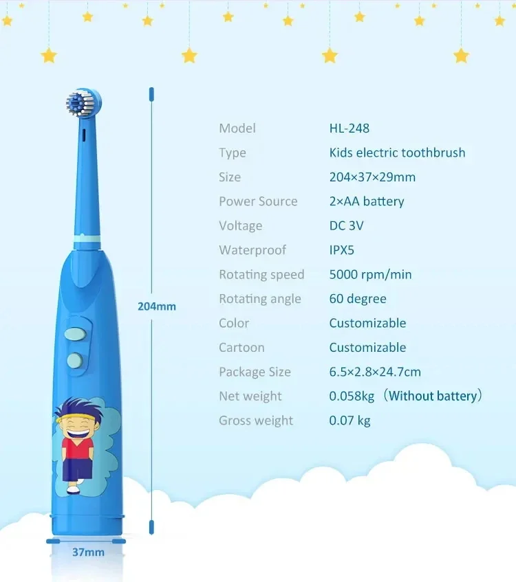 Children Sonic Electric Toothbrush Rotating Toothbrush Battery Type IPX5 Waterproof Cartoon Teeth Whitening Soft Bristle Kids