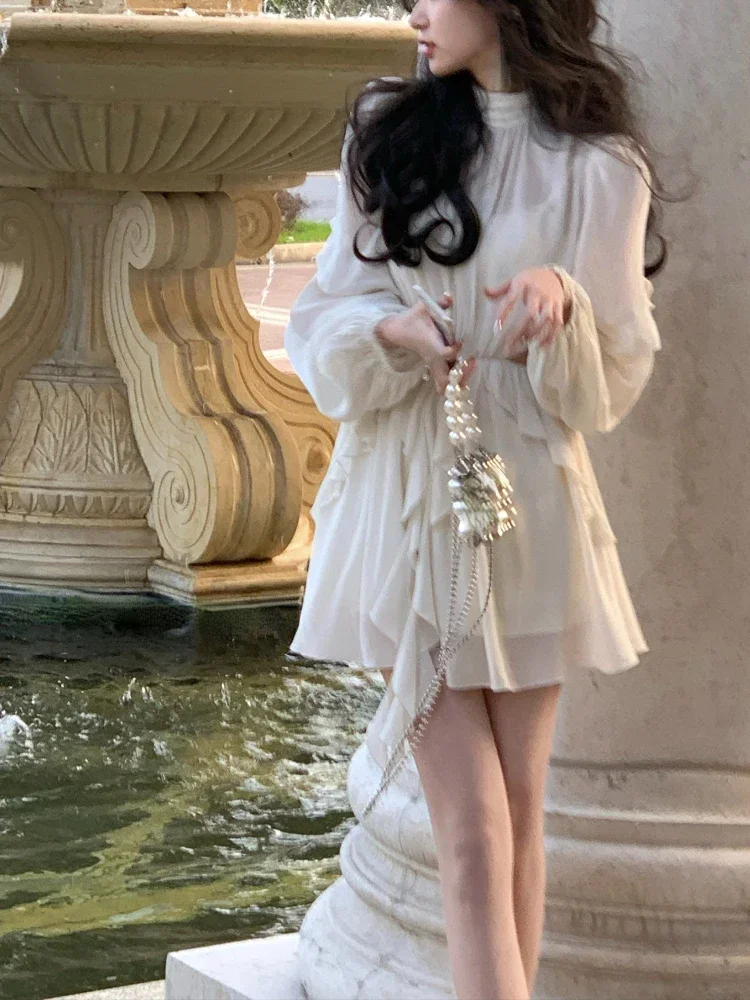 Elegant Long Sleeve Y2k Mini Dress Korean Fashion Summer Beach Style Chiffon Office Lady Casual One Piece Chic Clothing Sweet