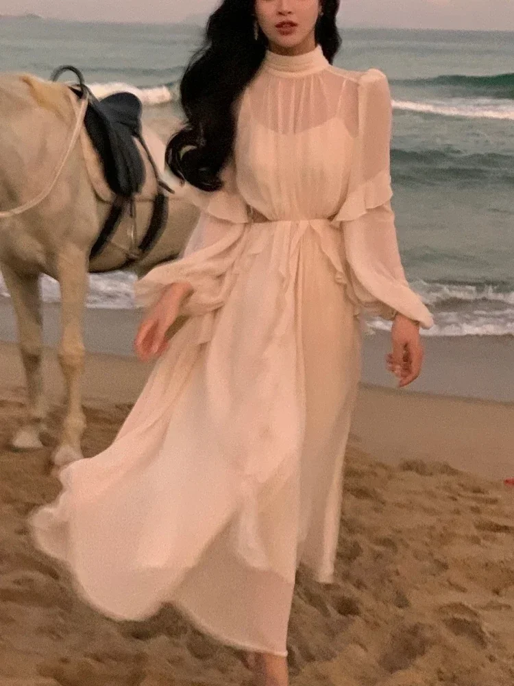 Elegant Long Sleeve Y2k Mini Dress Korean Fashion Summer Beach Style Chiffon Office Lady Casual One Piece Chic Clothing Sweet