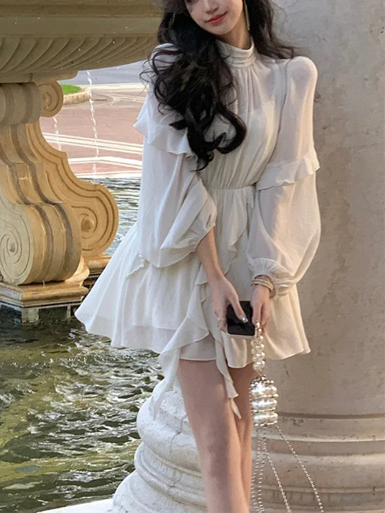 Elegant Long Sleeve Y2k Mini Dress Korean Fashion Summer Beach Style Chiffon Office Lady Casual One Piece Chic Clothing Sweet
