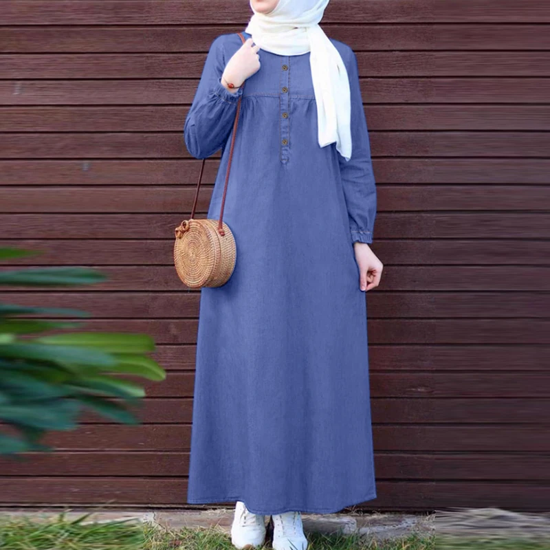 2024 ZANZEA Women Muslim Dresses Vintage Abaya Hijab Dress Jilbab Islamic Clothing Fashion Long Sleeve Denim Blue Maxi Sundress