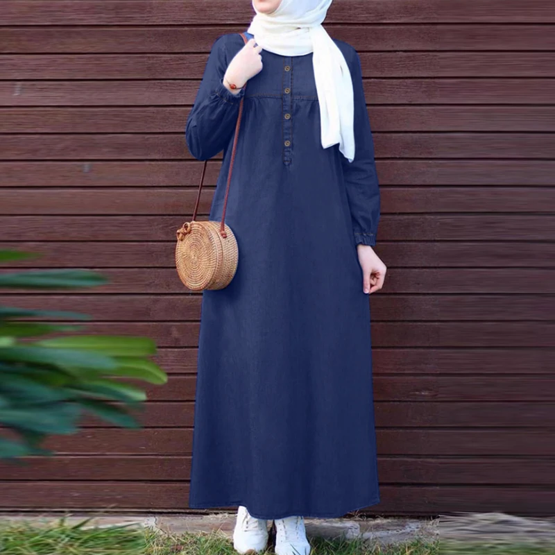 2024 ZANZEA Women Muslim Dresses Vintage Abaya Hijab Dress Jilbab Islamic Clothing Fashion Long Sleeve Denim Blue Maxi Sundress