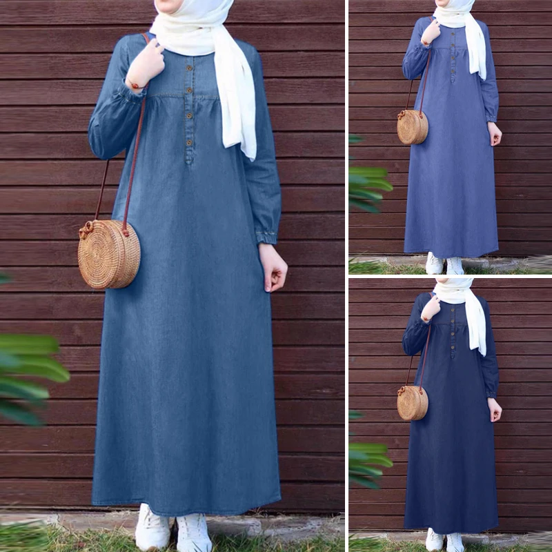 2024 ZANZEA Women Muslim Dresses Vintage Abaya Hijab Dress Jilbab Islamic Clothing Fashion Long Sleeve Denim Blue Maxi Sundress