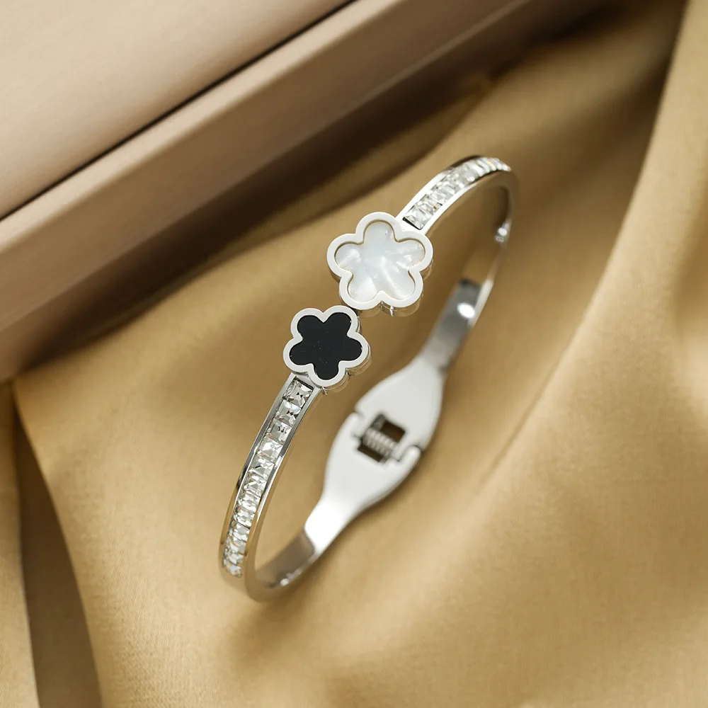 Stainless Steel Fashion Shell Flower Bangles for Women Trendy Shiny Zircon Can Open Bracelets Hand Accessories Gifts for Friends
