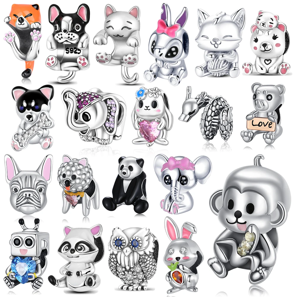 Small Animal Collection 925 Sterling Silver Elephant&Dog&Rabbit&Monkey&Raccoon&Fox Fit DIY Bracelet Bead Charm