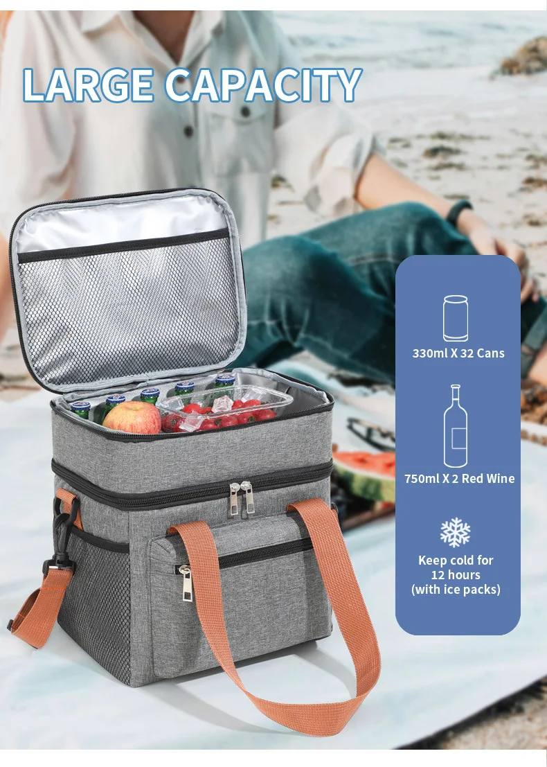 Multifunctional Double Layers Tote Cooler Lunch Bags for Women Men Large Capacity Travel Picnic Lunch Box with Shoulder Strap