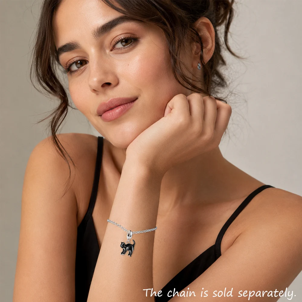 Black Cat Dangle Charm Pendant Brand New 925 Sterling Silver Trendy Gift For Women Men Jewelry
