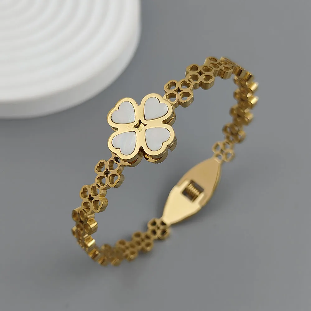 New four-leaf clover white shell stainless steel gold-plated bracelet 18K, high quality waterproof couple bracelet, wife gift