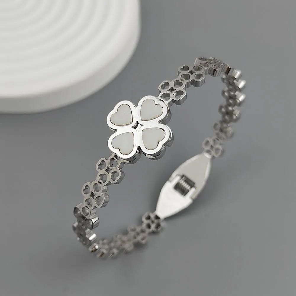 New four-leaf clover white shell stainless steel gold-plated bracelet 18K, high quality waterproof couple bracelet, wife gift