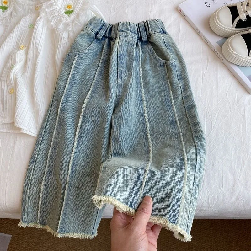 Girls Pants Spring and Autumn New Korean Fashionable All-match Straight Leg Casual Jeans Wide Leg Pants Kids Clothes