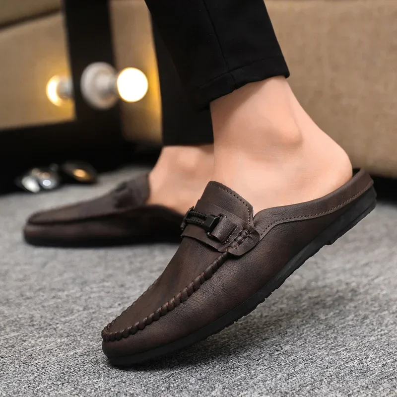 Leather Men Half Slippers Summer Breathable Mens Casual Shoes Slip-on Lazy Driving Shoes Comfortable Walking Loafers Moccasins