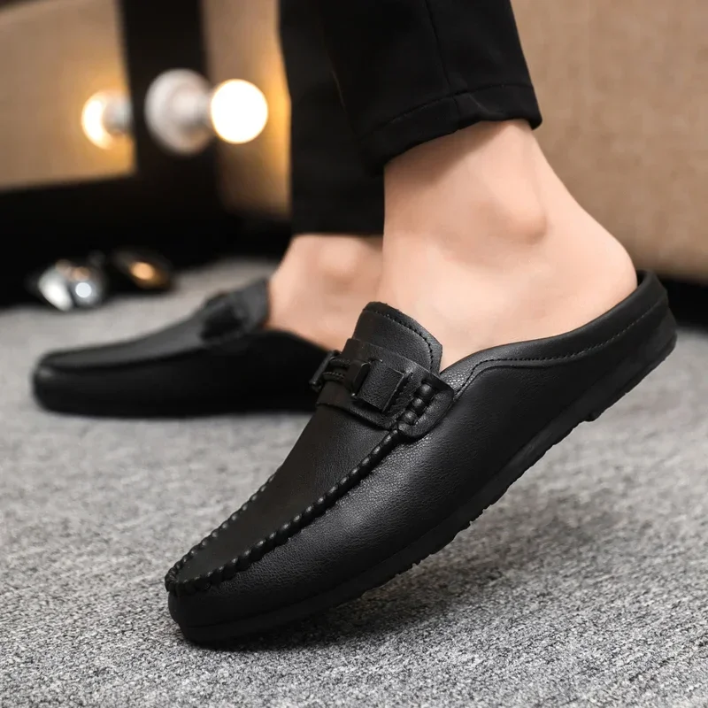 Leather Men Half Slippers Summer Breathable Mens Casual Shoes Slip-on Lazy Driving Shoes Comfortable Walking Loafers Moccasins