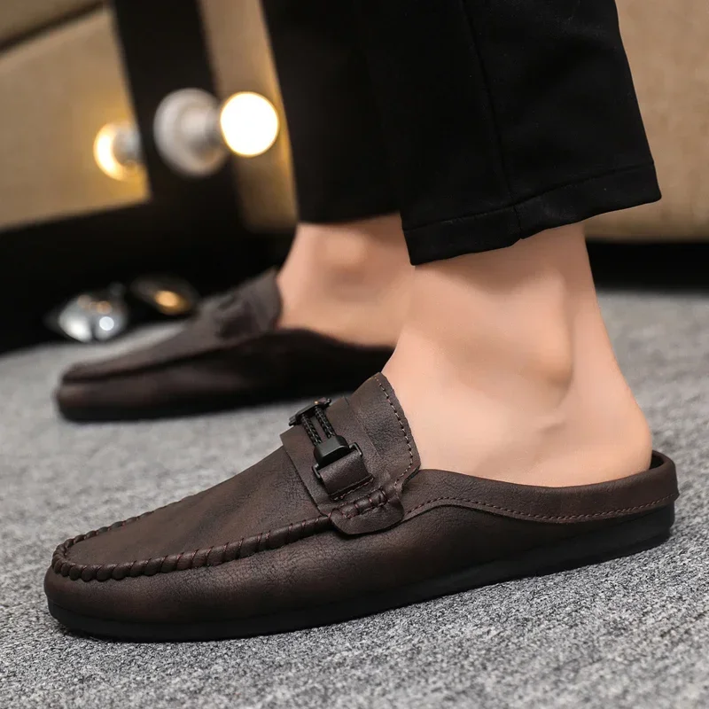 Leather Men Half Slippers Summer Breathable Mens Casual Shoes Slip-on Lazy Driving Shoes Comfortable Walking Loafers Moccasins