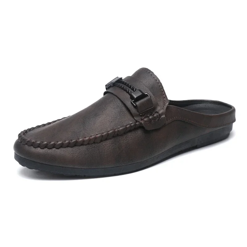 Leather Men Half Slippers Summer Breathable Mens Casual Shoes Slip-on Lazy Driving Shoes Comfortable Walking Loafers Moccasins