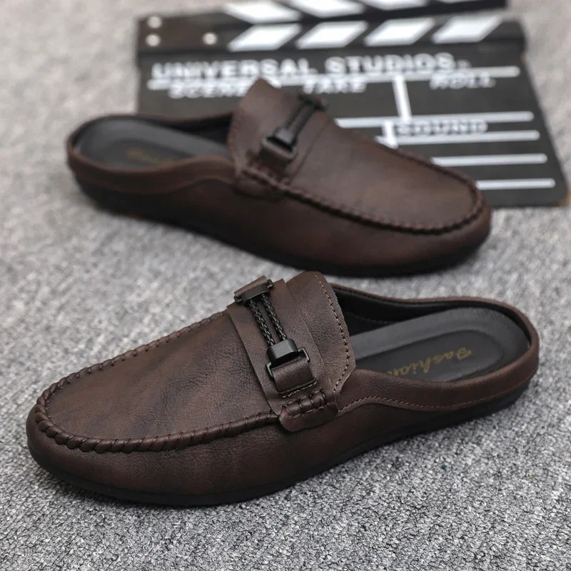Leather Men Half Slippers Summer Breathable Mens Casual Shoes Slip-on Lazy Driving Shoes Comfortable Walking Loafers Moccasins