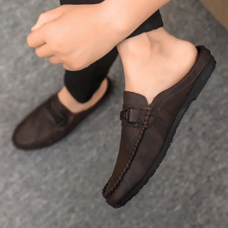 Leather Men Half Slippers Summer Breathable Mens Casual Shoes Slip-on Lazy Driving Shoes Comfortable Walking Loafers Moccasins