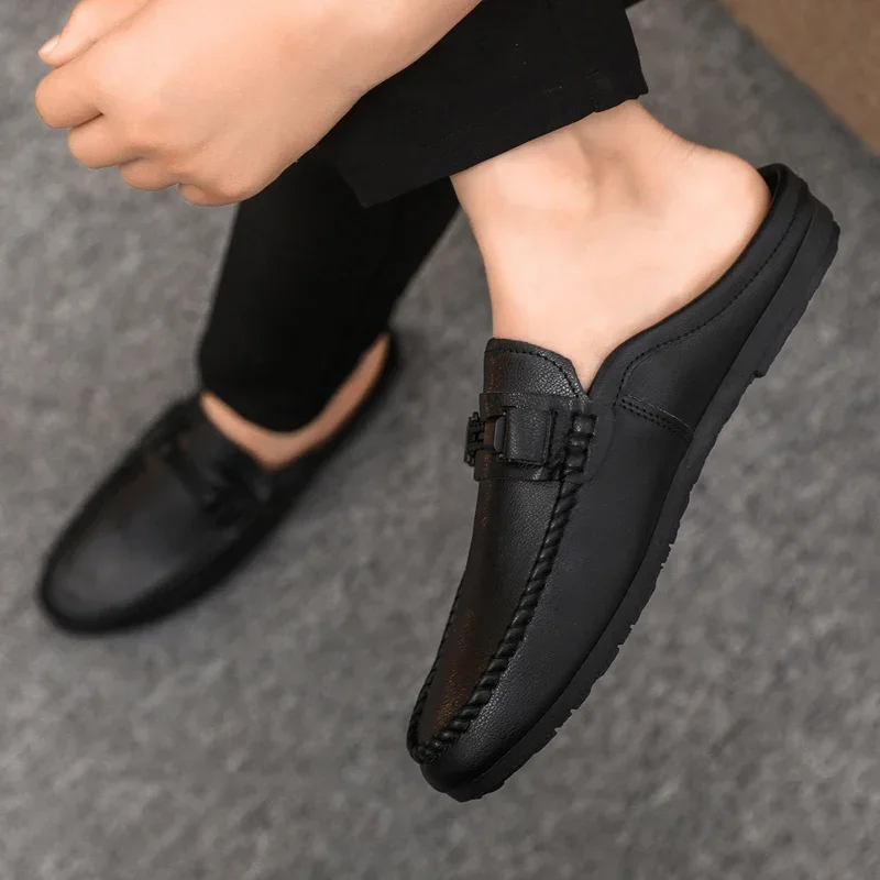 Leather Men Half Slippers Summer Breathable Mens Casual Shoes Slip-on Lazy Driving Shoes Comfortable Walking Loafers Moccasins