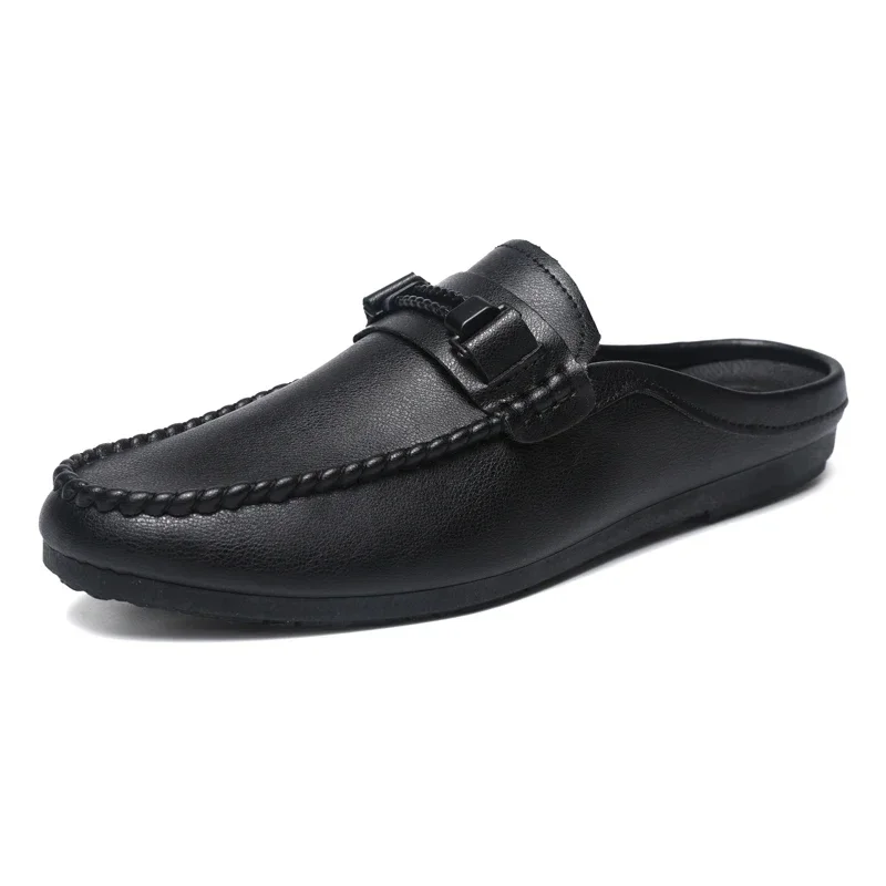 Leather Men Half Slippers Summer Breathable Mens Casual Shoes Slip-on Lazy Driving Shoes Comfortable Walking Loafers Moccasins