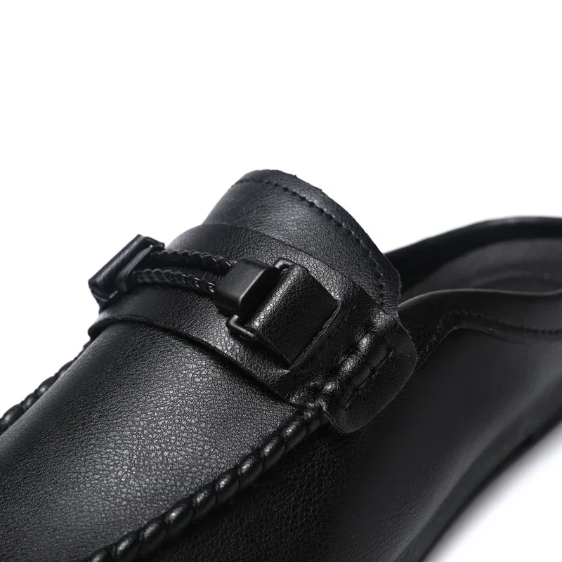 Leather Men Half Slippers Summer Breathable Mens Casual Shoes Slip-on Lazy Driving Shoes Comfortable Walking Loafers Moccasins