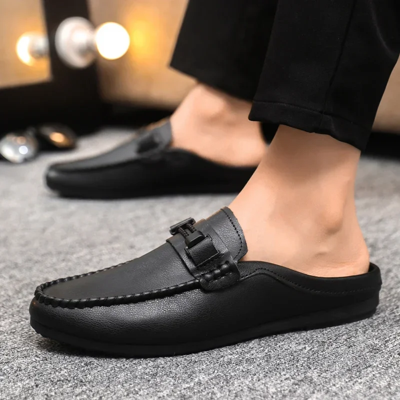 Leather Men Half Slippers Summer Breathable Mens Casual Shoes Slip-on Lazy Driving Shoes Comfortable Walking Loafers Moccasins