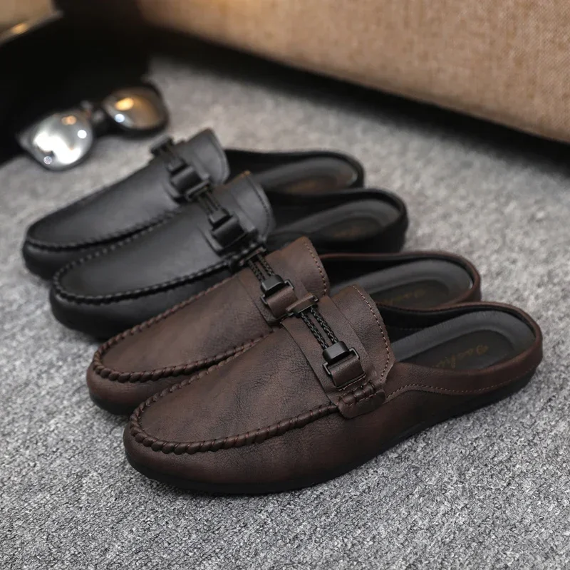 Leather Men Half Slippers Summer Breathable Mens Casual Shoes Slip-on Lazy Driving Shoes Comfortable Walking Loafers Moccasins