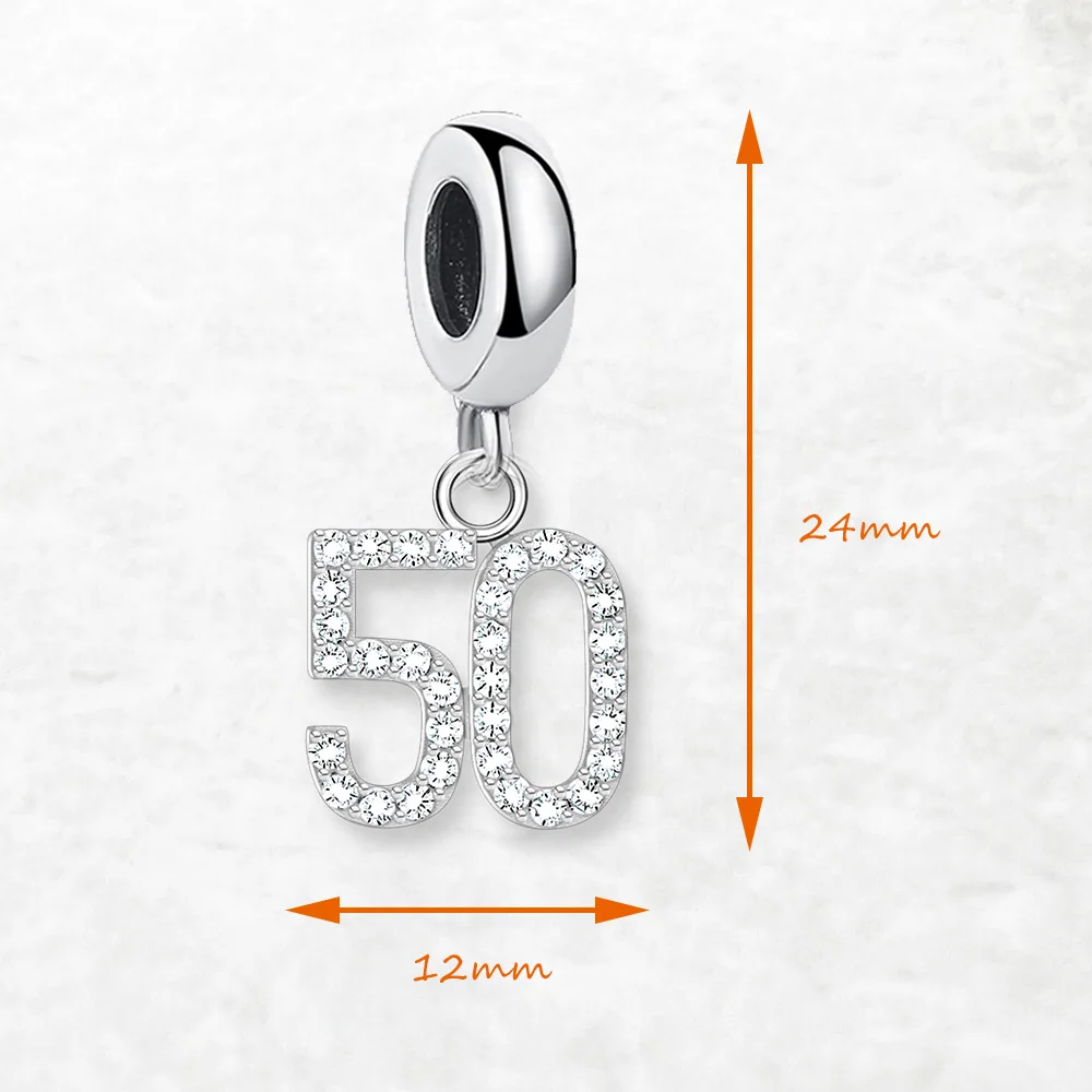Dangle Charm Pendant Number 50 Women Men Pure 925 Sterling Silver Trendy Jewelry Lucky Birthday Gift