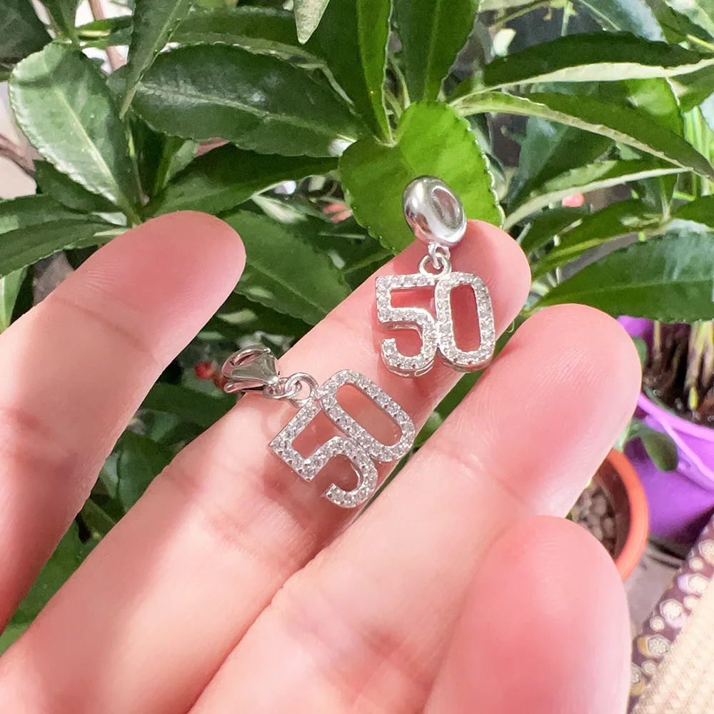 Dangle Charm Pendant Number 50 Women Men Pure 925 Sterling Silver Trendy Jewelry Lucky Birthday Gift