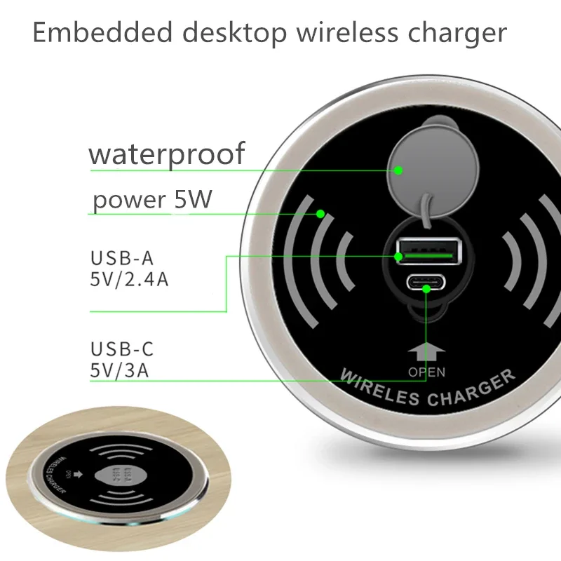 QI 3 in 1 Wireless Charger Buld in With Type-C USB Ports Quick Wireless Embedded Charger for iPhone 11 13 Airpods Xiaomi