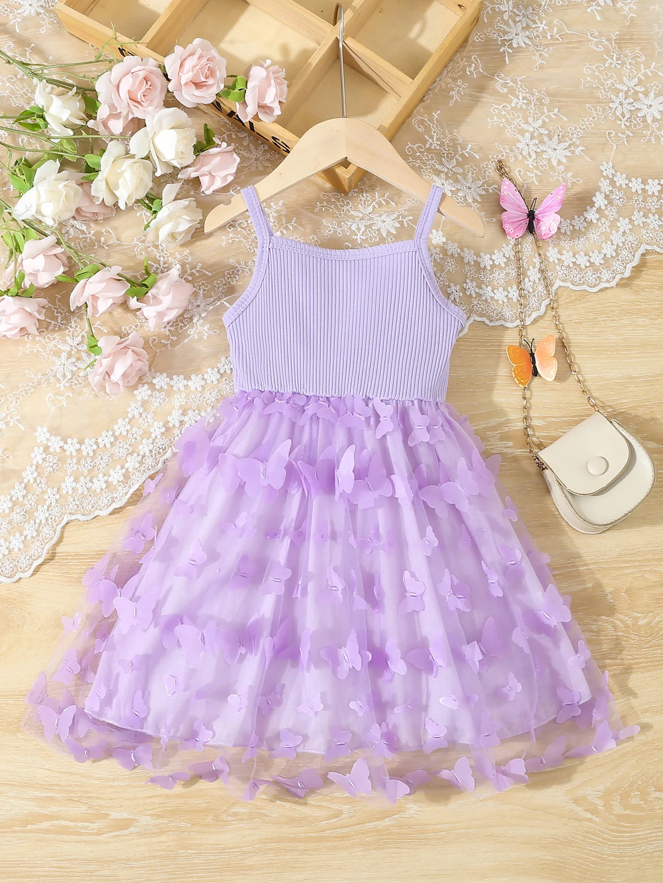 Summer Toddler Kids Girl's Clothes Baby's Butterfly Decor Mesh Splicing Cami Dress Elegant Sleeveless Princess Dress