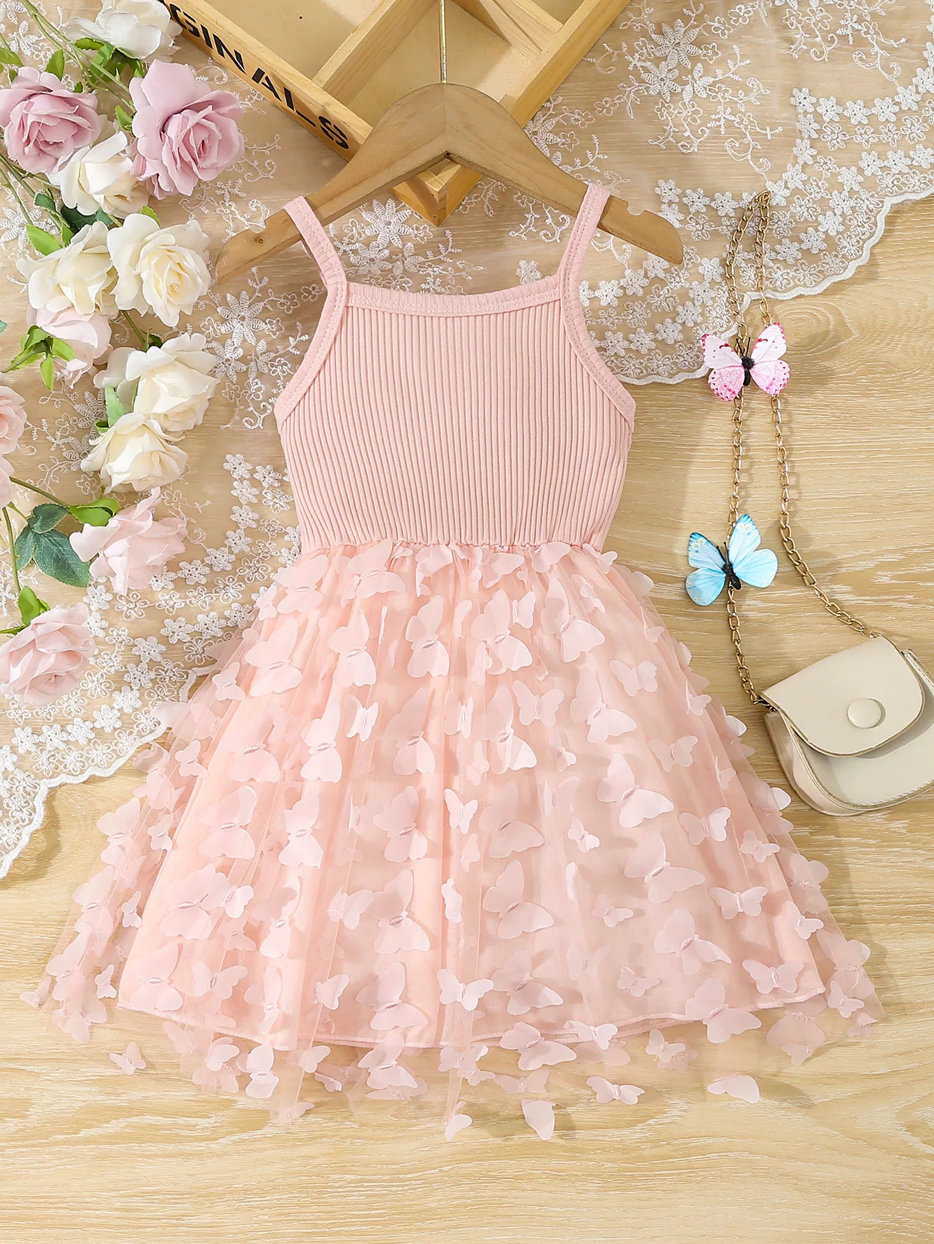 Summer Toddler Kids Girl's Clothes Baby's Butterfly Decor Mesh Splicing Cami Dress Elegant Sleeveless Princess Dress