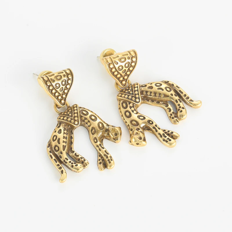 Antique Jewelry Pure Carved Leopard Gold Color Dangle Earrings for Woman Rhinestones Vintage Accessories Gold Color Korean New